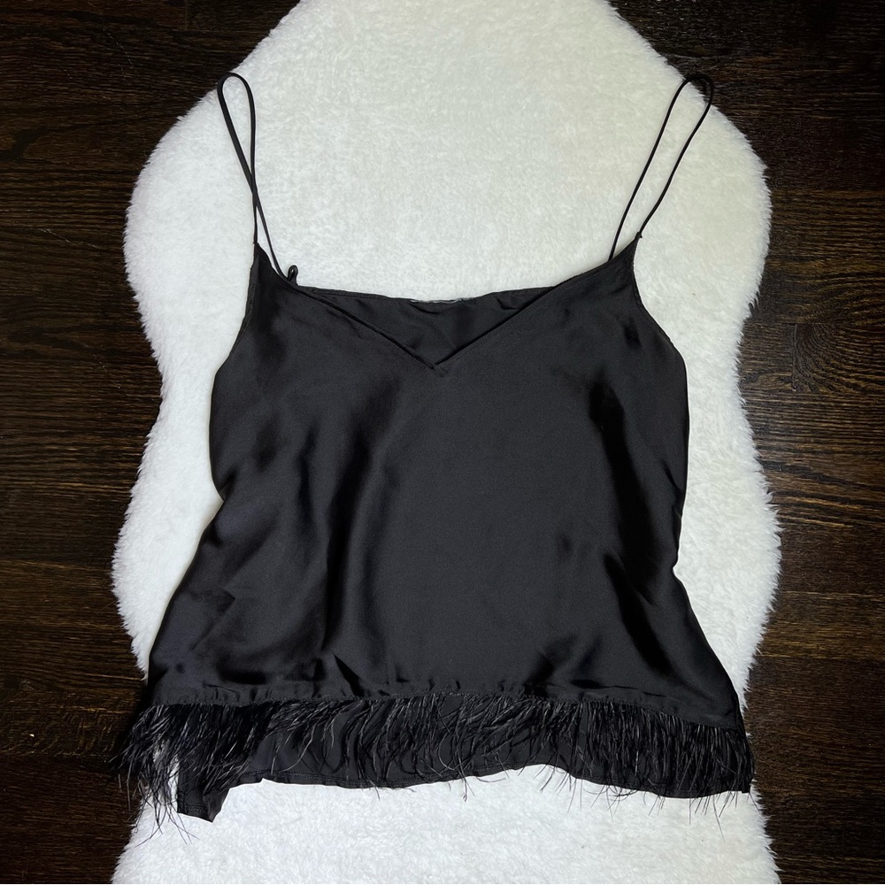 Zara Black Satin Feather Trim Tank Top Medium